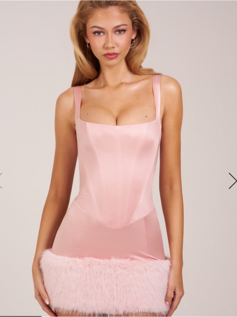NWT Oh Polly Rixelle Pink Satin Mini Dress w/ Faux Fur Trim